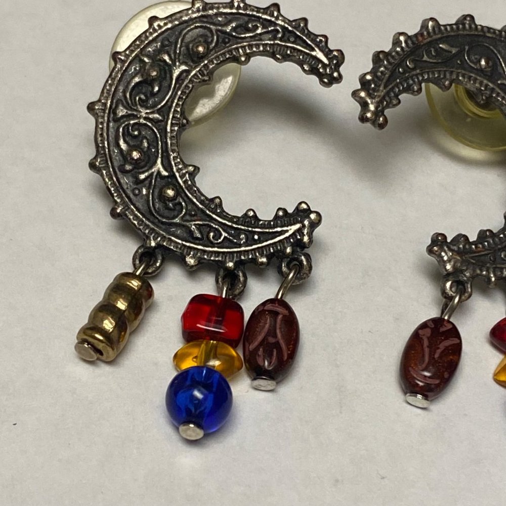 Legends Crescent Moon Shape Silver Tone Metal Pierced Post Earrings with Dangles - Picture 15 of 16